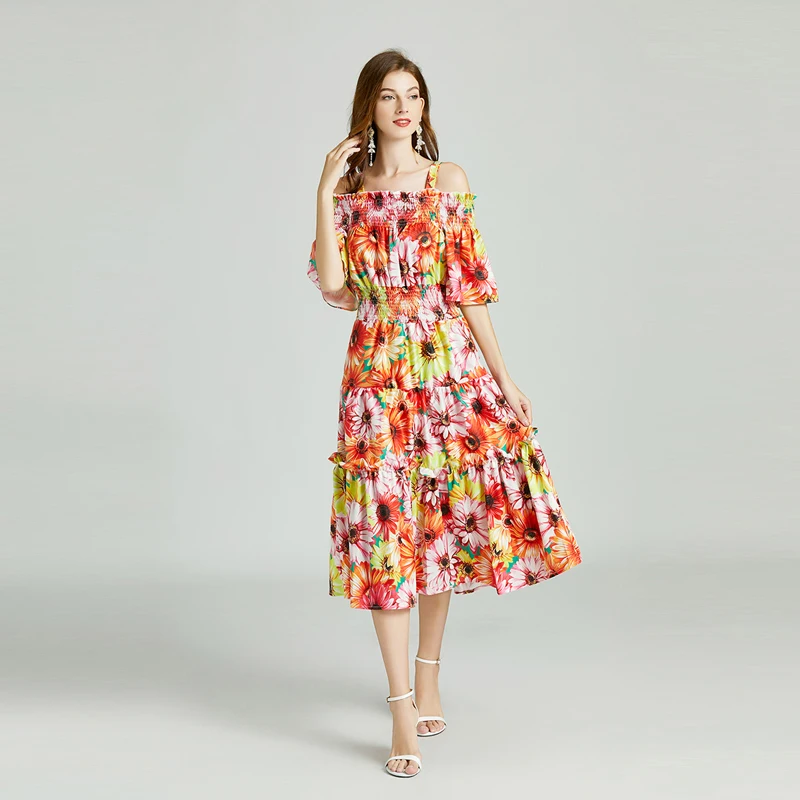 

2021 New Summer Colorful Floral Print Women Dress Square Collar Spaghetti Strap Elastic Waist Slim Mid Calf Elgant Party Dresses