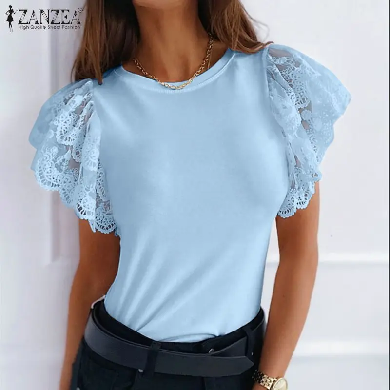 

2021 Summer Women Blouse ZANZEA Fashion Patchwork Ruffle Shirts Casual Solid Short Sleeve Tops Ladies Basis Blusa