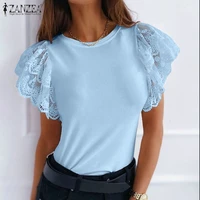 2021 summer women blouse zanzea fashion patchwork ruffle shirts casual solid short sleeve tops ladies basis blusa