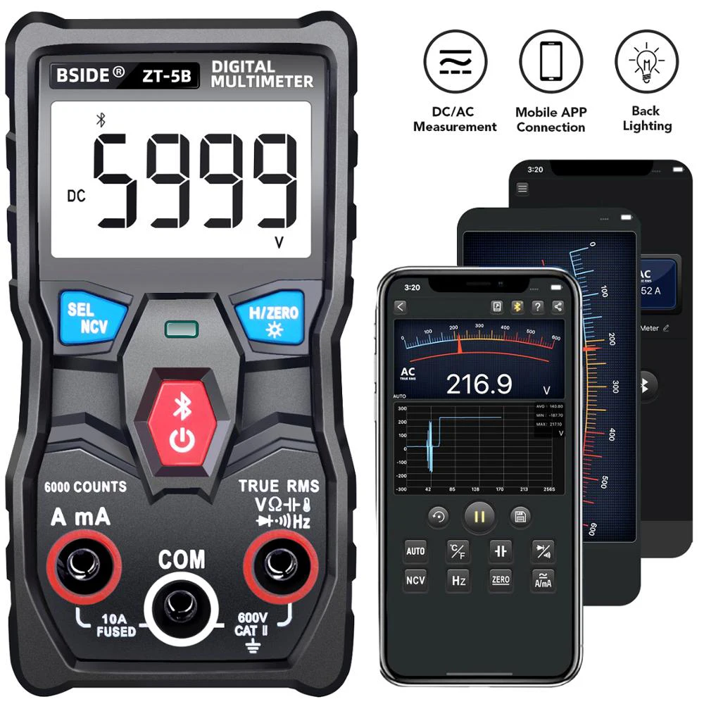 

BSIDE ZT-5B Wireless Digital Multimeter Auto-Ranging True RMS 6000 Counts Voltmeter Volt Amp Ohm Hz NCV Diode Capacitance Temp