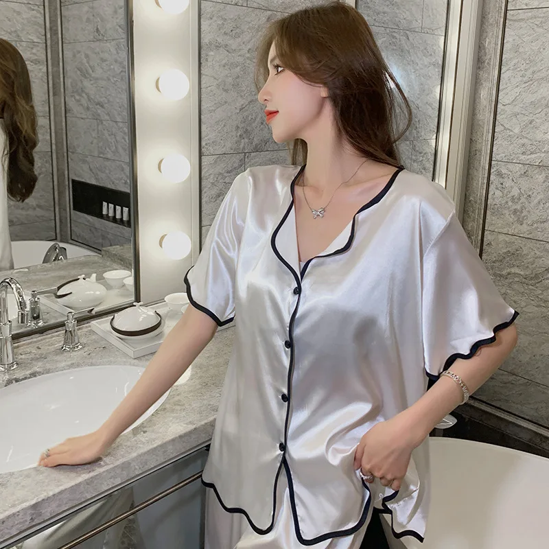 Spring Summer 2021 Women's Pajamas Suit Fashion Ice Silk Short V-Neck Nightgown Home Clothes Female Sleepwear Sleeping Wear
