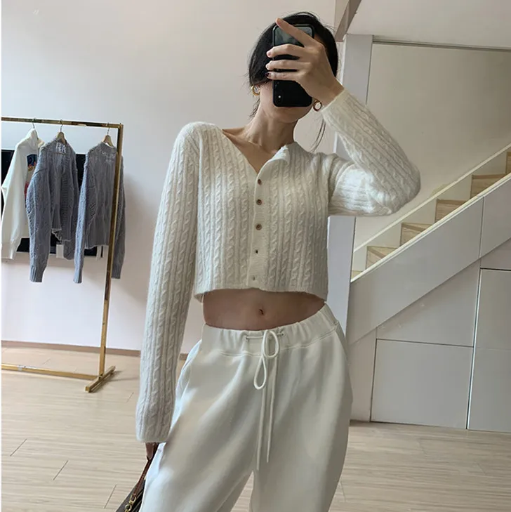 Autumn New Fashion Wool Bella Hadid Style White Wool Short Sweater Knitted Cardigan Tops Women Ladies Cashmere Knitwear