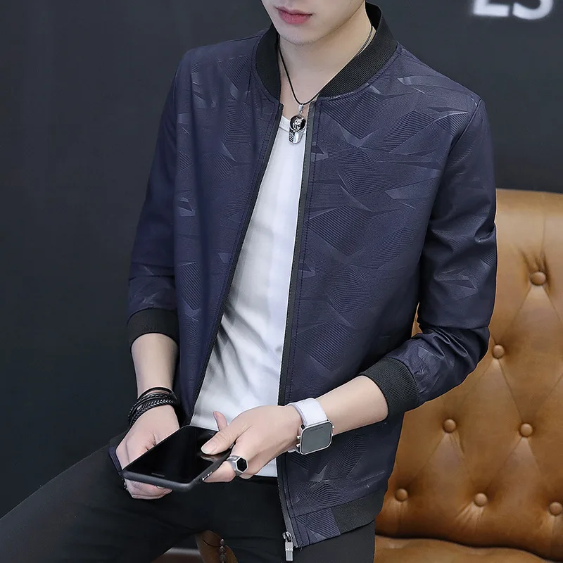 

2020 Men New Style Handsome Embossed PU Leather Jacket Teenager Baseball Collar Trend Casual Leather Coat