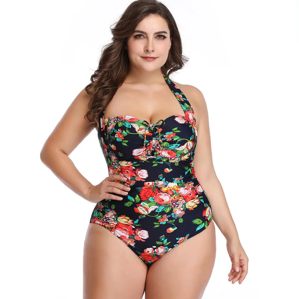

Large size one-piece swimsuit nylon print pleated pleated belly slimming Amazon hot swimsuit women