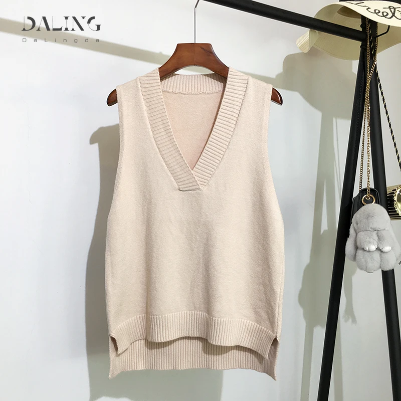 Женский свитер жилет с V образным вырезом свободный однотонный трикотажный без