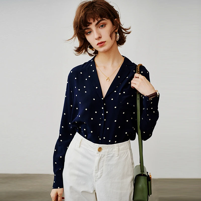 100% High Quality Silk Blouse Women Shirt Elegant Simple Design Long Sleeves Polka dot V Neck Graceful Style New Fashion