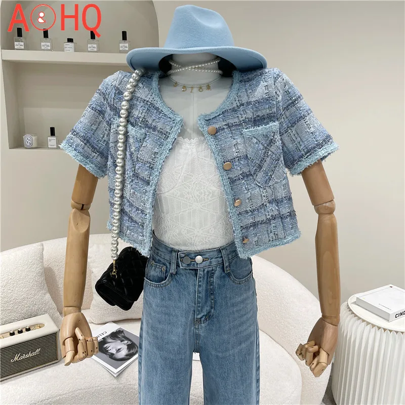 

Футболка с короткими рукавами сетки флэш женский Новинка весна/осень 2021 винтажное твидовое пальто с круглым воротником короткая куртка