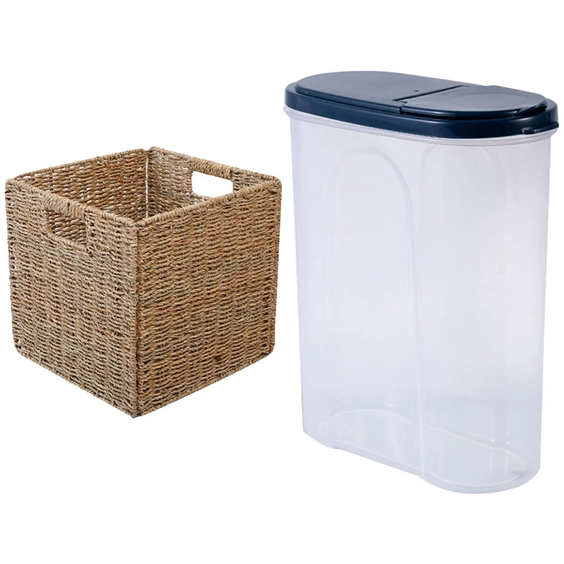 

Plastic Kitchen Cereal Dispenser Refrigerator Storage Box with Woven Seagrass Farmhouse Kitchen Storage Organizer Basket
