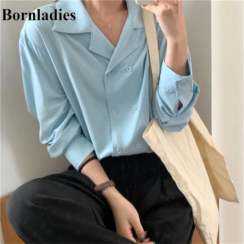Женская однотонная Свободная рубашка Bornladies повседневная облегающая Однотонная
