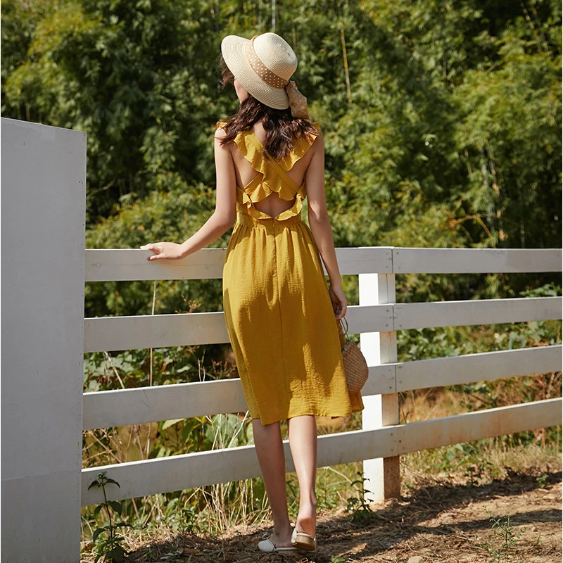 

Fashion women new arrival sleeveless cute travel dress casual vintage summer high quality backless yellow holiday a-line dress