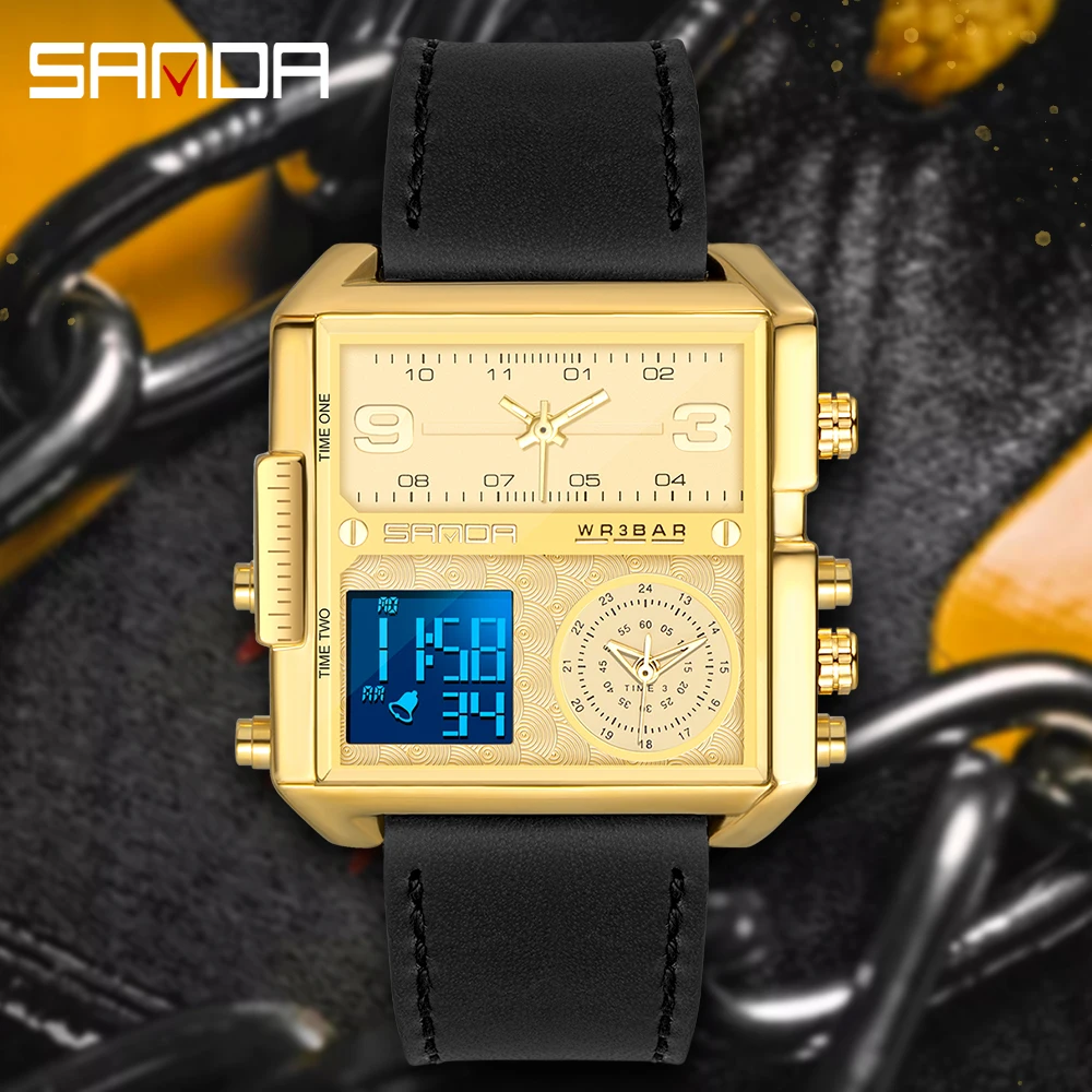 

Часы наручные SANDA мужские с двойным дисплеем, роскошные Брендовые спортивные аналоговые светодиодные цифровые в стиле милитари, 6023