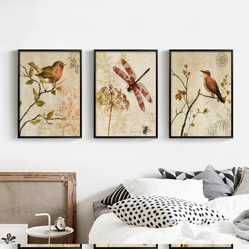 Triptych American Vintage Watercolor Birds On Tree Canvas Painting Art Print Poster Animal Wall Picture Home Decor For Rooms | Дом и сад