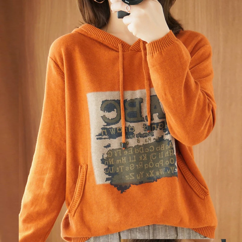 

Letter Printed Knitted Hoodie Sweatshirts Spring Cotton And Linen Casual Loose Jumper With Pocket Korean Style Knitwear Tops