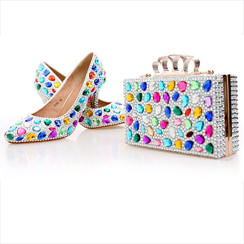 

Women Wedding Shoes Corlorful Crystal Bridal Pumps Sexy High Heels Genuine Leather Rhinestone Platform Party Shoes Big Size 43