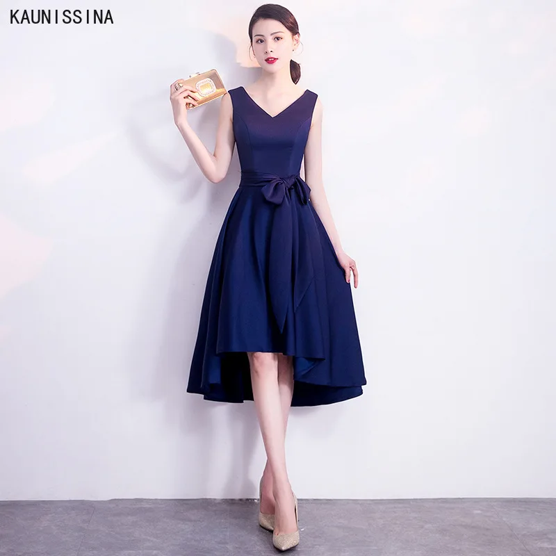 

KAUNISSINA Women Simple Cocktail Dresses Elegant Party Gowns Solid V-Neck Belt Asymmetrical Homecoming Vestidos Formal Dress