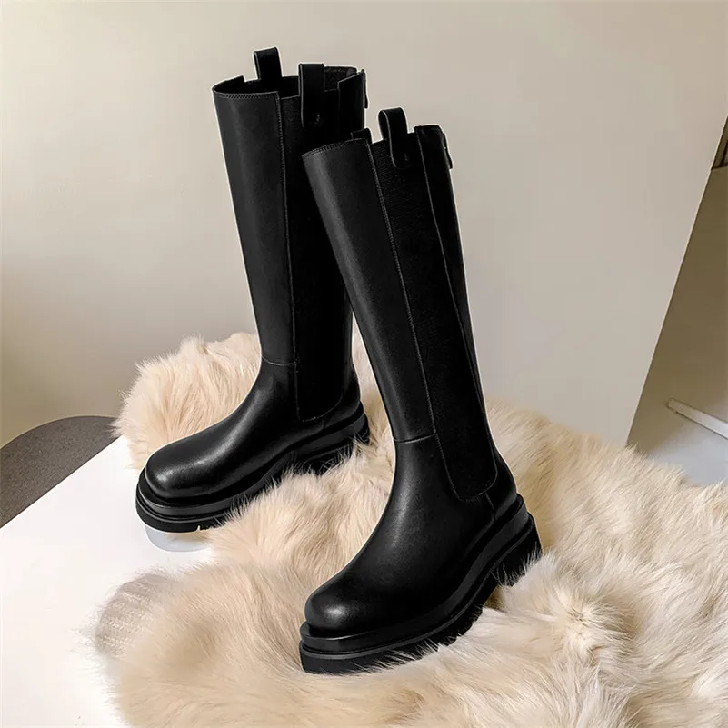 

Meotina High Heel Chelsea Boots Woman Real Leather Knee High Boots Platform Chunky Heel Long Boots Zipper Female Shoes Beige 40