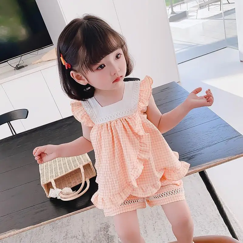 

Детский летний костюм из двух предметов, клетчатый Кружевной Костюм в западном стиле, с шортами, 2021