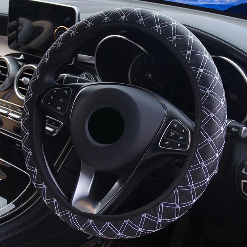

Car Steering Wheel Cover PU Leather Protection Cover Decor Decoration 1pcs Black and white