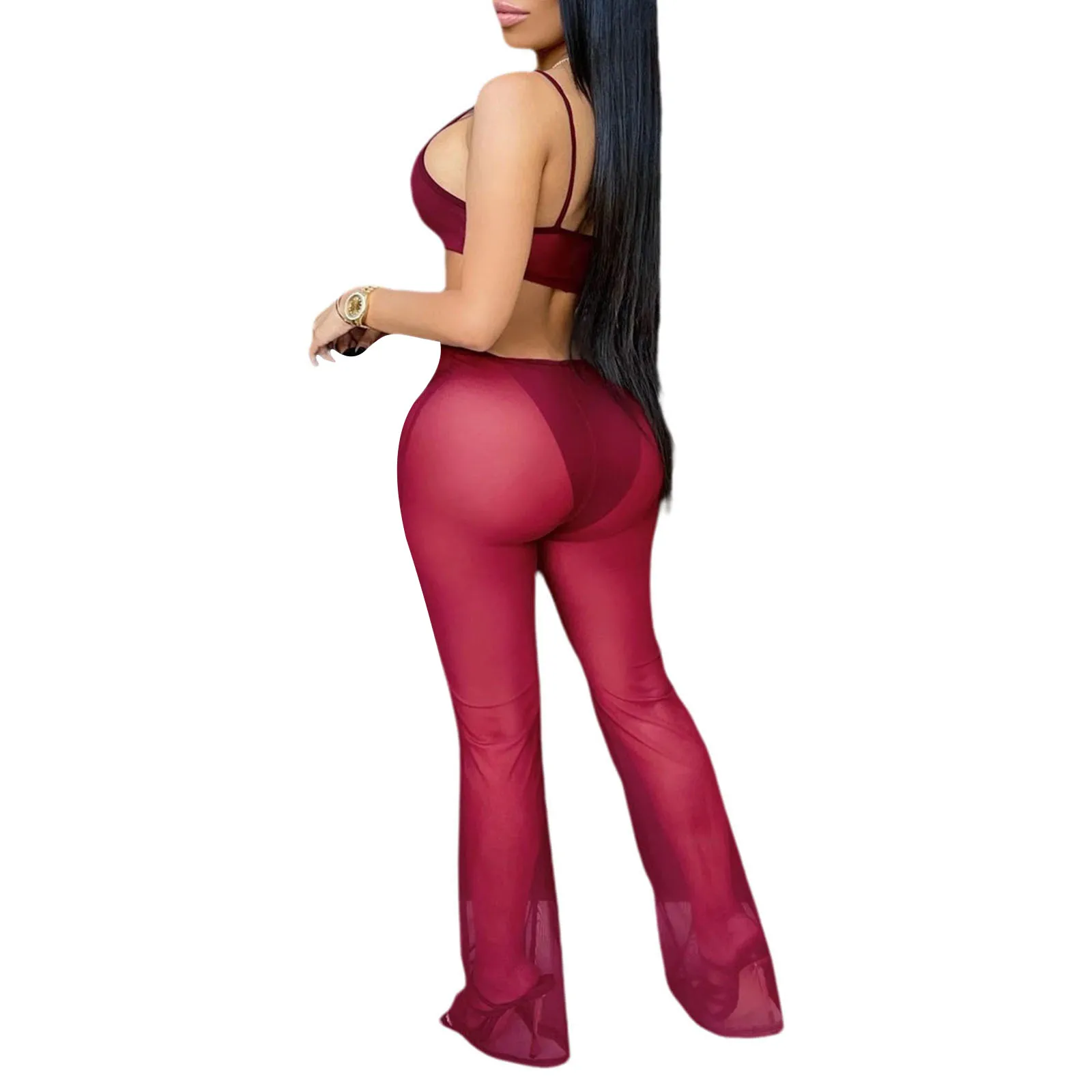 

Women Summer Sexy See-through Blackless Jumpsuit Solid Color Deep V-neck Sleeveless Hollow Out Overalls S/ M/ L/ XL