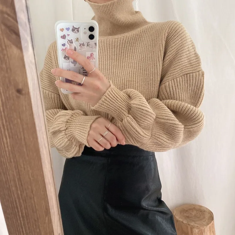 

Осень-зима 2021, новый свитер в западном стиле, Женский однотонный модный простой Повседневный дизайн с рукавами-фонариками