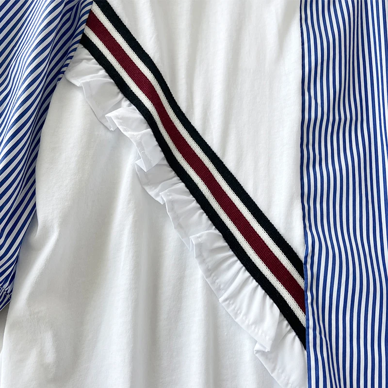 

EAYUCU 2021 Summer Women's New Product Niche Design Collar Stitching Striped Casual Wood Ear T-shirt ET103