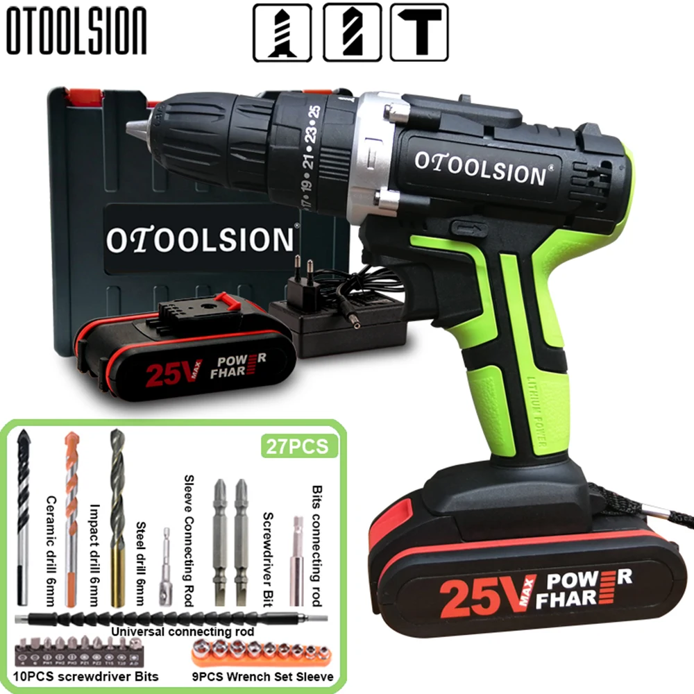 25V 48N.m Impact Battery Drill Cordless Screwdriver Power Tools Impact Electric Screwdriver Electric Impact Drills+27 Pcs Parts