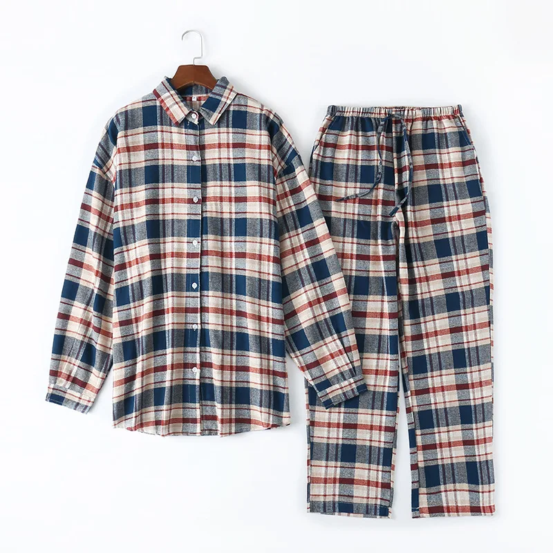 

Long Sleeve Pajamas for Women Cotton Plaid Red Sleepwear Lapel Casual Print Set 2 Piece Full Length Pants Pijamas Home Clothes