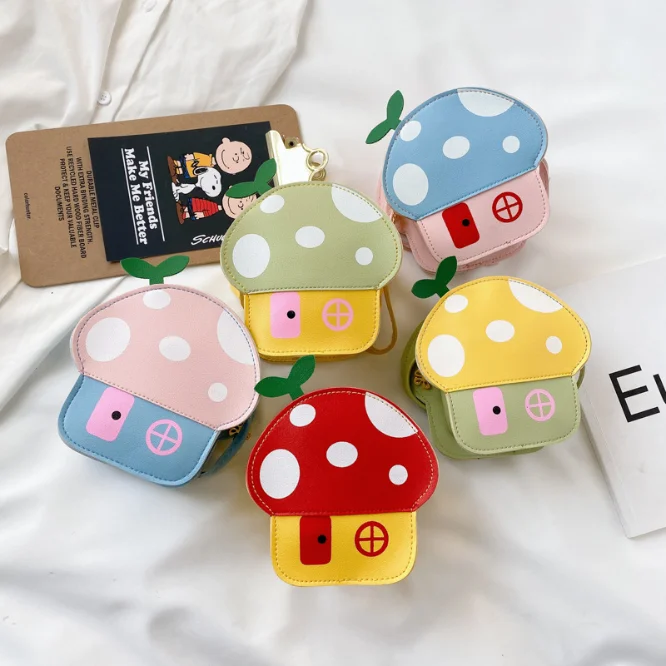 

Lovely Baby Girls Mushroom House Coin Purse PU Leather Cute Children Mini Shoulder Crossbody Bags Kawaii Boys Kids Small Wallet