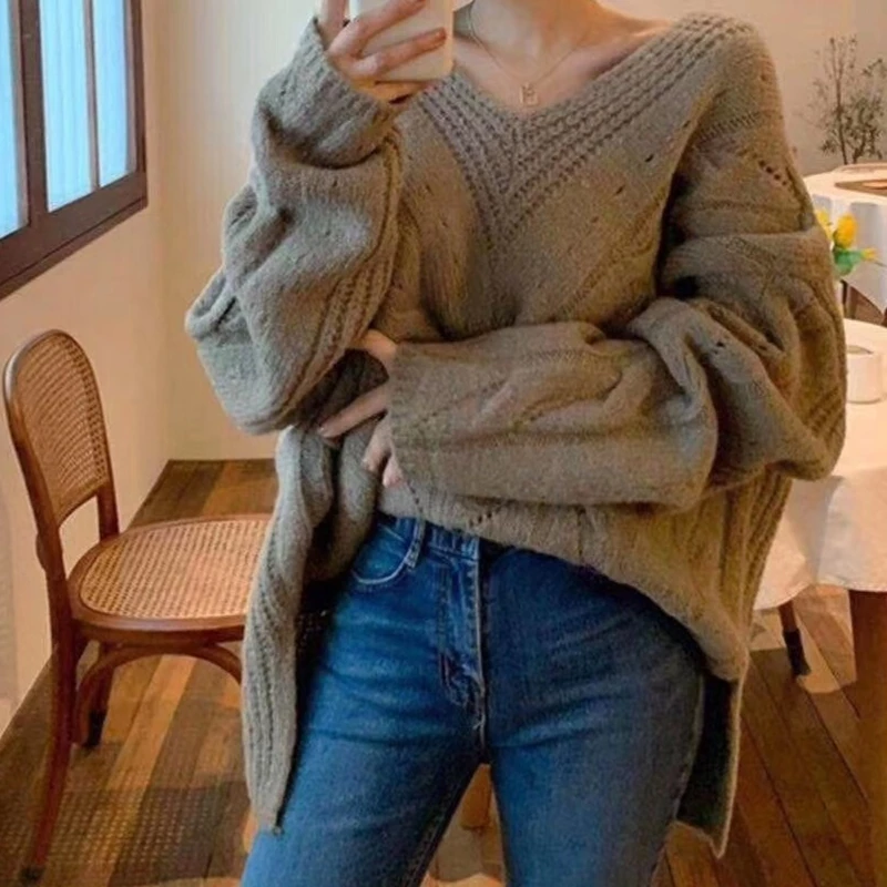 

New Women's Thick Twist Loose Sweaters Top Fall Winter Casual Sexy Off-shoulder Solid Color Female's Knit Pullover Outwear