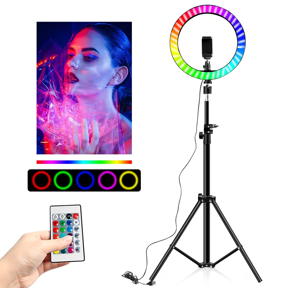 

10 Inch Rgb Video Light 16Colors Rgb Ring Lamp For Phone With Remote Camera Studio Large Light Led 48" Stand 160Cm For Youtuber