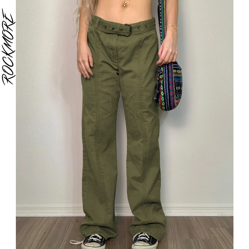

Rockmore Green Vintage Cargo Pants With Belt Women'S Baggy Straight Trousers Capris 90s Streetwear High Waist Sweatpants Joggers