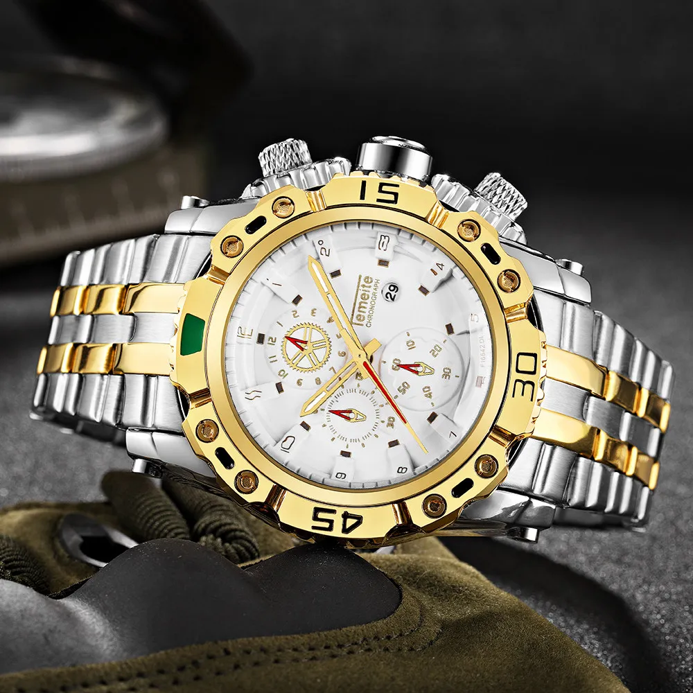 TEMEITE золотые водонепроницаемые кварцевые наручные часы для мужчин из