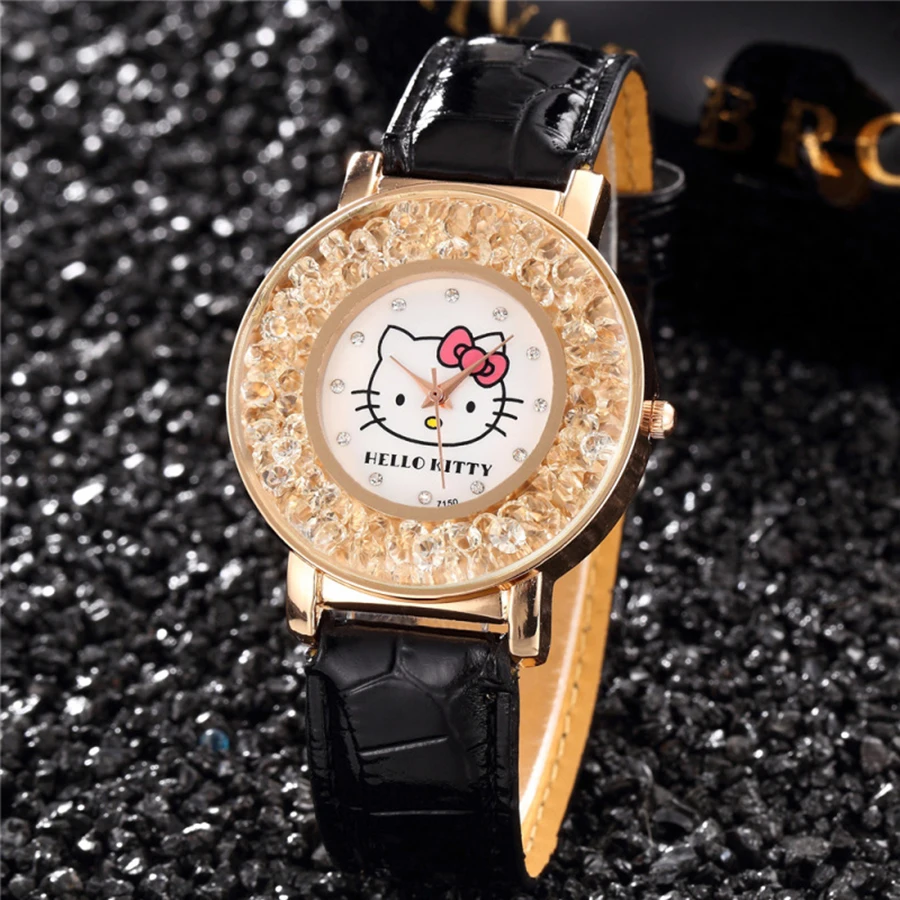 Черный Детские часы hello kitty, повседневные модные часы с кристаллами и циферблатом для девочек, милые стразы, кварцевые часы для девочек, детский подарок, Erkek Kol Saati - Цвет: Черный