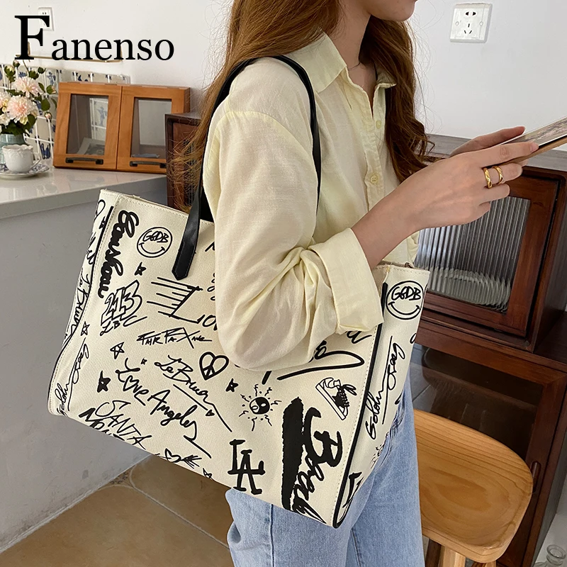 

Printed Large Capacity Tote Bags for Women 2021College School Book Handbags Big White Crossbody Bag Graffiti Weekend Travel Bag