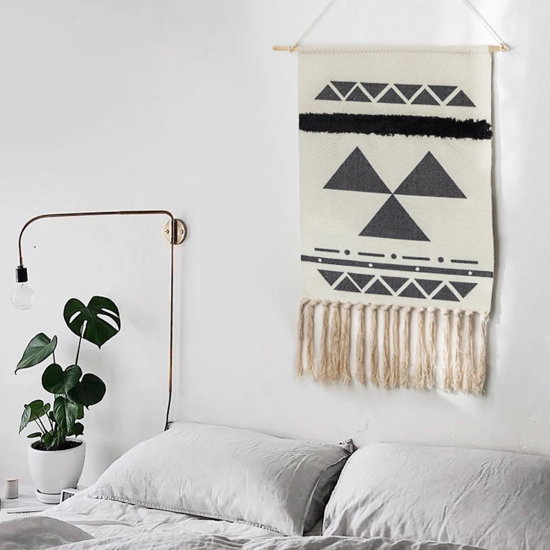 Tapiz de macram&eacute; de algod&oacute;n y lino con estampado de borlas, tejido a mano, bohemio, decoraci&oacute;n de pared, accesorios de decoraci&oacute;n para habitaciones, 98x50cm-4