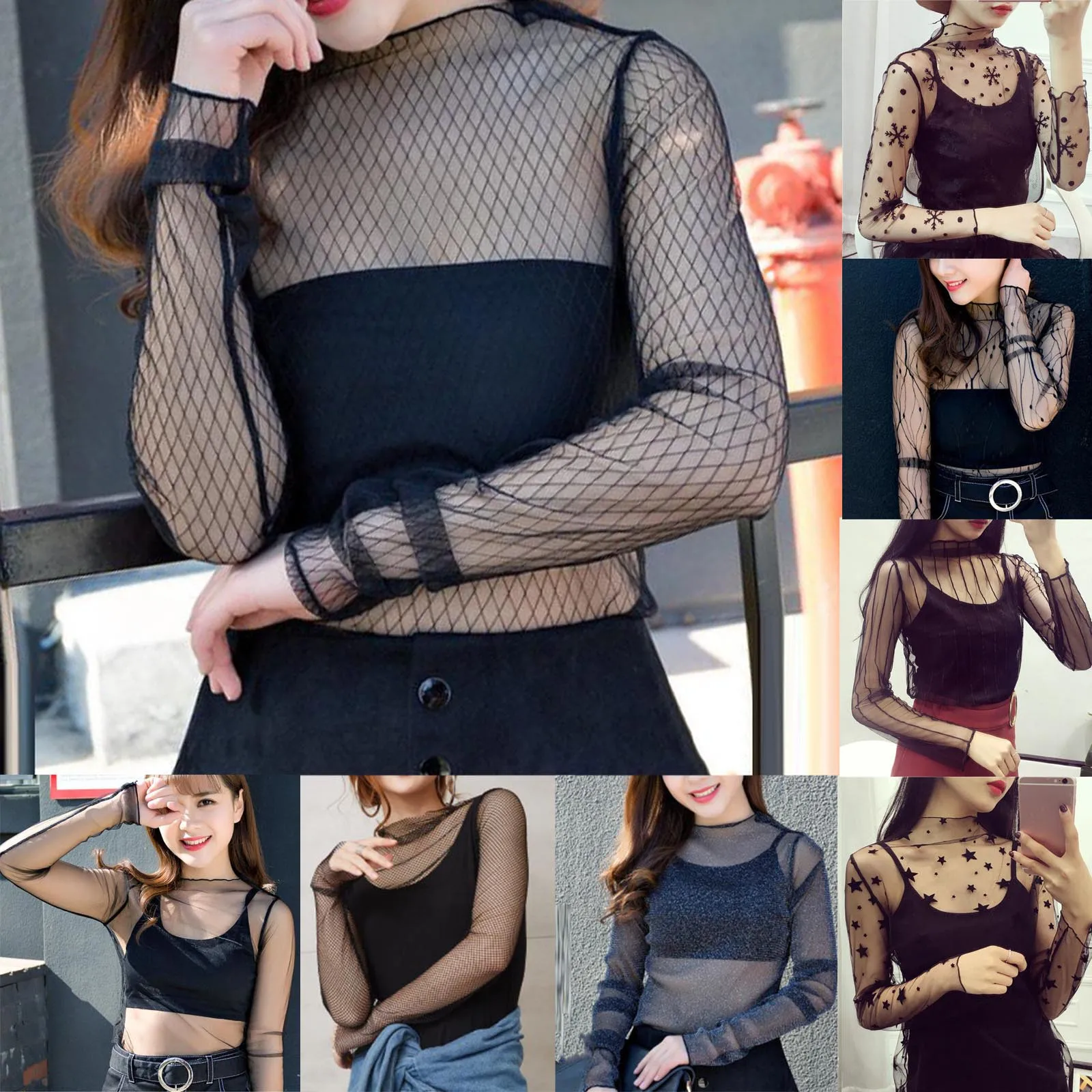 

2021 Women See Through Mesh Sheer Basic T Shirt Tops Dot Print Elegant Summer Long Sleeve Loose Ladies Party Night Tops Shirts