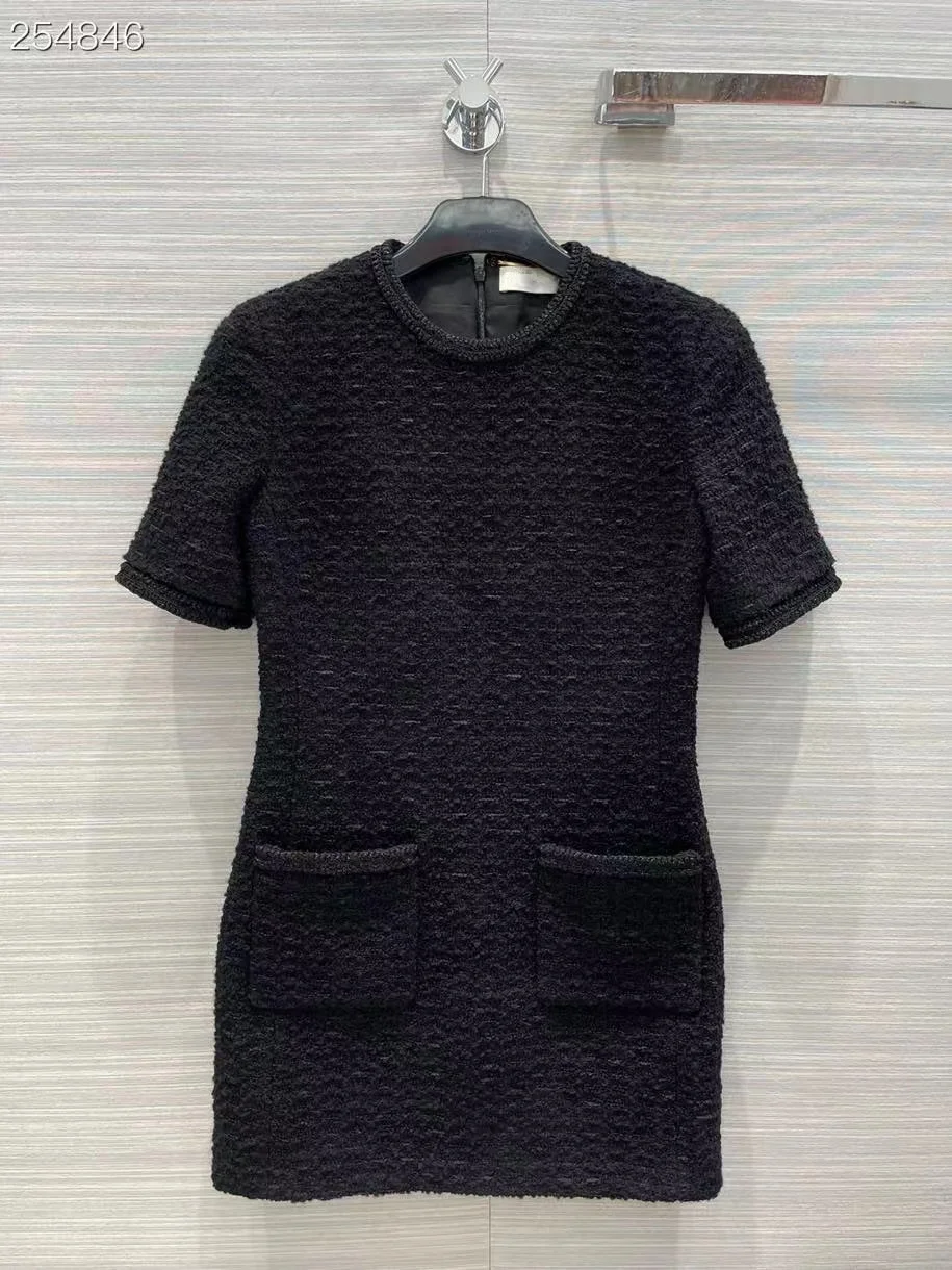 

Fyion Mini Dress 2022 Summer Spring New Fashion Design Women Runway Solid Short Sleeves Black Tweed Dress