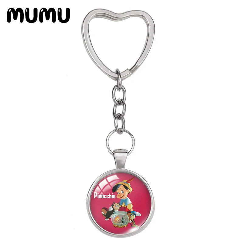 

2021 New Pinocchio Heart Keyring Cartoon Keychain Glass Dome Cabochon Jewelry Gifts Children