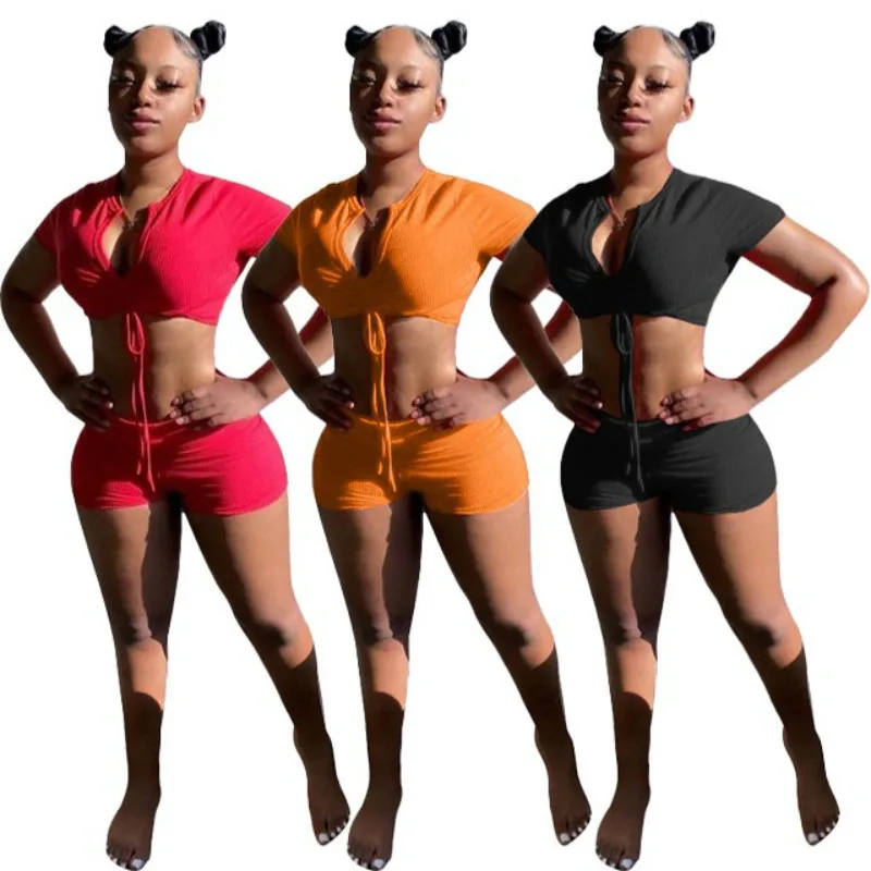 

Summer New Women's Fashion Sexy V-Neck Solid Color Short-Sleeved Two-Piece Suit