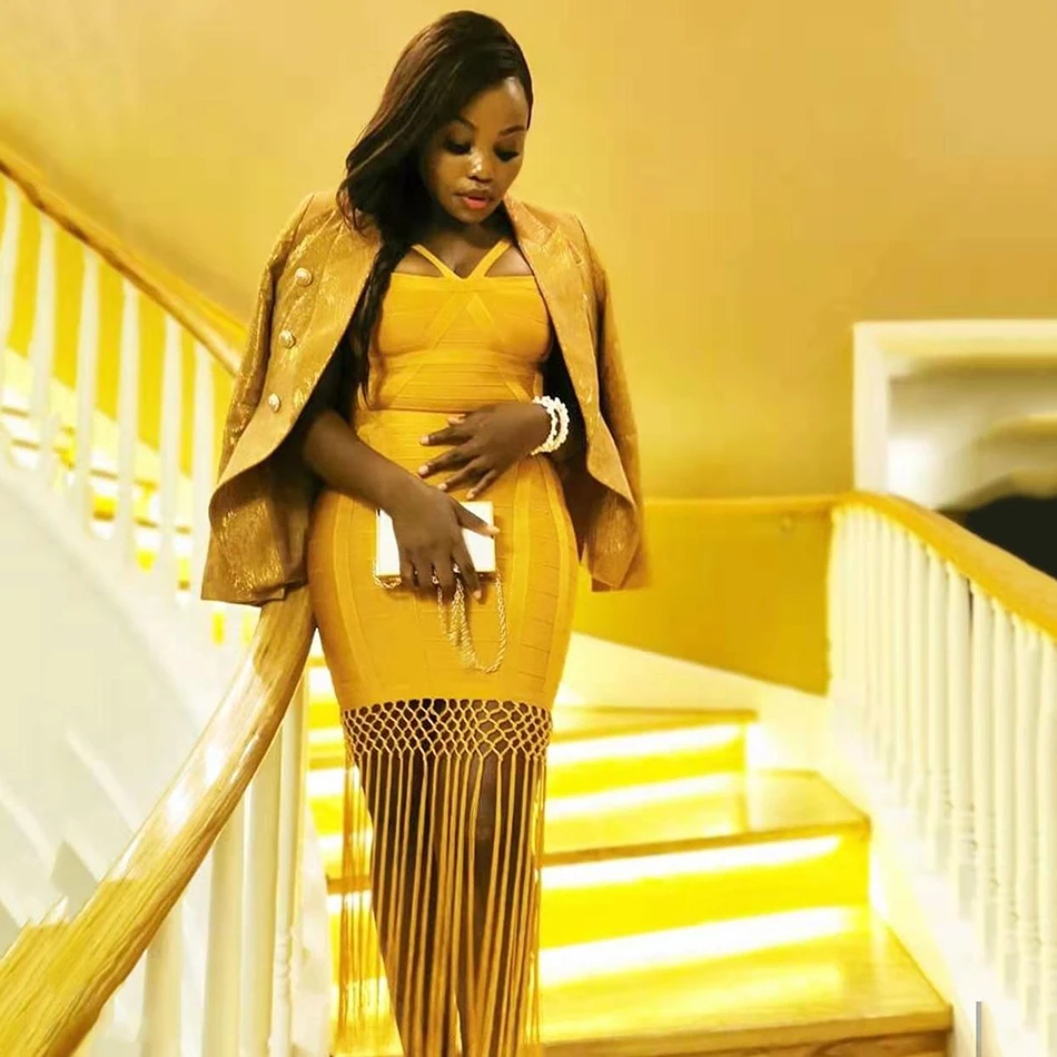 Новинка 2021 летнее женское облегающее платье средней длины имбирного желтого