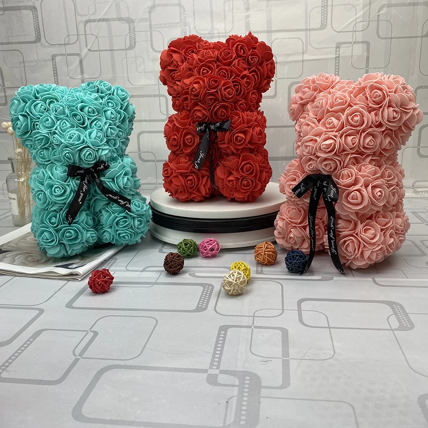 

Hot 25/40cm Artificial Rose Heart Teddy Bear Handmade Bear of Roses For Women Valentine's Day Wedding Bithday Gift