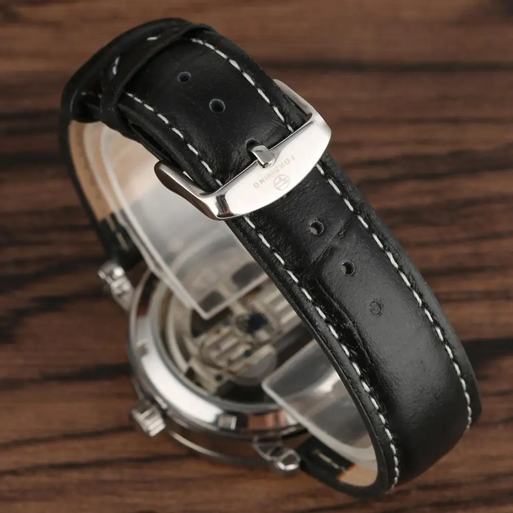 Роскошные полые автоматические механические Для мужчин модные черные кожаные