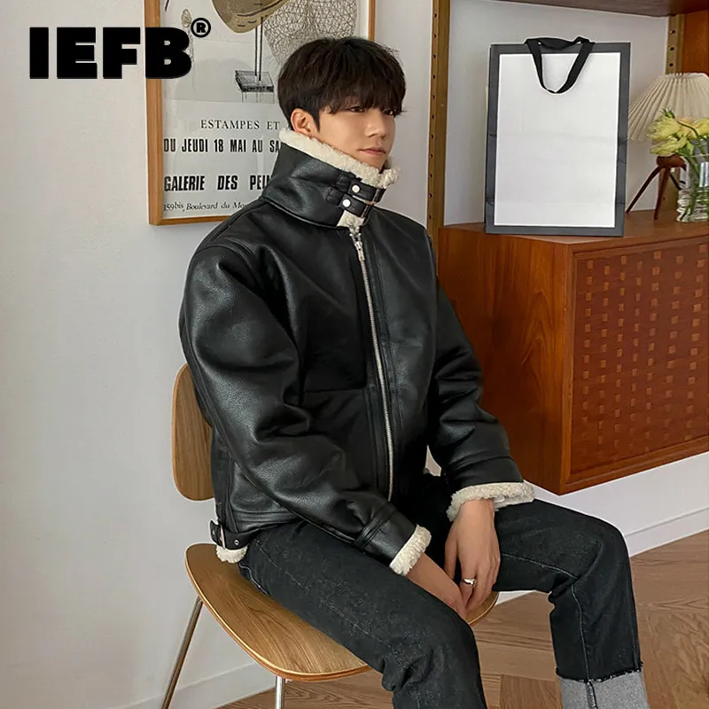 IEFB Men's Lamb Fur One Piece If Fur PU Leather Jacket Patchwork Autumn Winter Plush Fur Trend Zipper Short Coat For Male 9Y4777