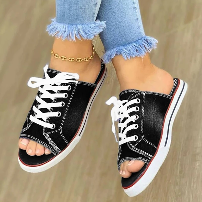 

Women Canvas 2020 Slipper Woman Lace Up Ladies Peep Toe New Flat Women's Casual Female Fashion Denim Beach Shoes Plus Size 35-43