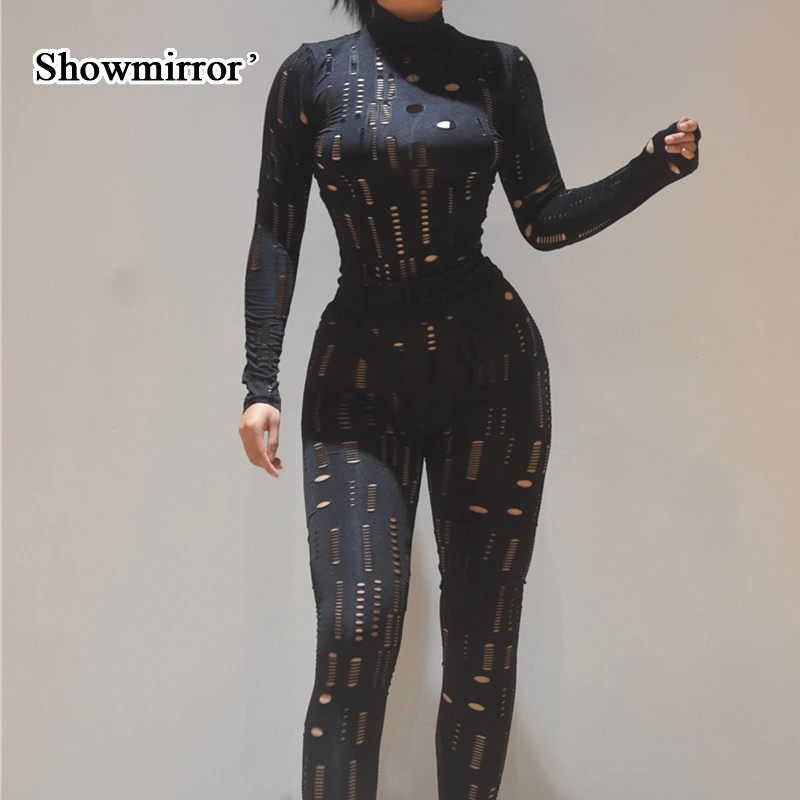 

Showmirror Black Hollow Out Pants Outfits Long Sleeve Turtleneck Top Two Piece Set Women Fall Skinny Stretchy Sportswear Tr