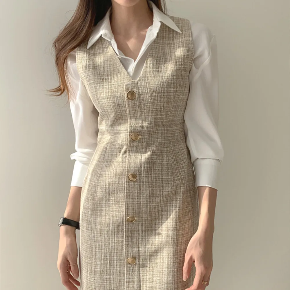 

Женский комплект из двух предметов, однобортный твидовый шерстяной жилет, элегантный офисный костюм с белой рубашкой, Осень-зима 2021