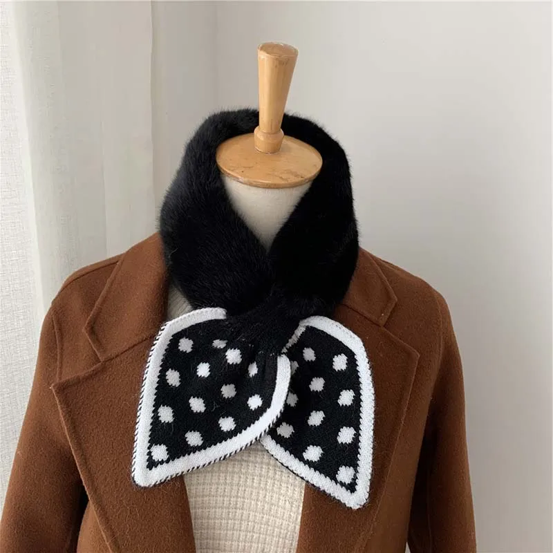 

Female Faux Rabbit Fur Neck Collar Scarves Cross Small Neckerchief Love Heart Dot Printed Knitted Scarf Plush Scarf
