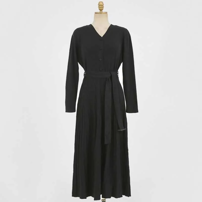 

One-Piece Dresses Korean Elegant Ladies Slim Belt Knitted Sweater Dresses 2020 Winter Women Long Sleeve V-Neck Dress Long Dress