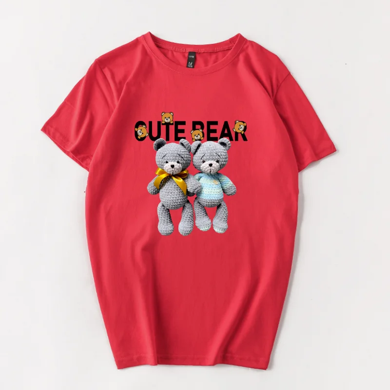 

Summer 100% Cotton Short Sleeve T-Shirt Women's Harajuku Fashion Brand Ins O-Neck Kawaii Teddy Bear Print S-3XL Tshirts