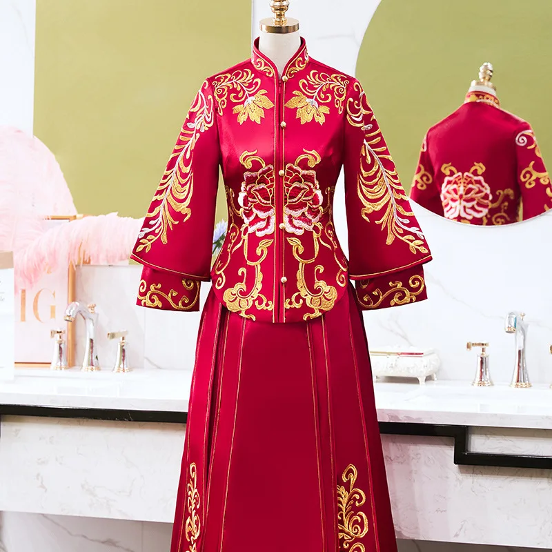 Retro Exquisite Flower Embroidery Cheongsam Chinese Couple Wedding Suit Elegant Bride Marry Dress китайская одежда